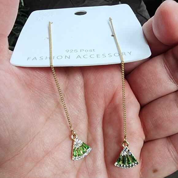 NWT Etsy Green/Gold Crystal Japanese Fan Earrings - Picture 13 of 16